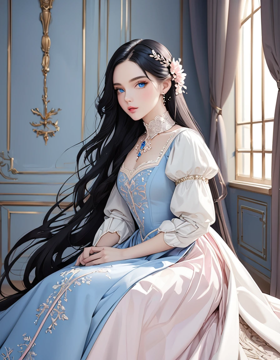 Beautiful woman with very long black hair, side-swept bangs, sparkling blue eyes, light pink lips, fair skin. Elegant but modest white renaissance dress.
