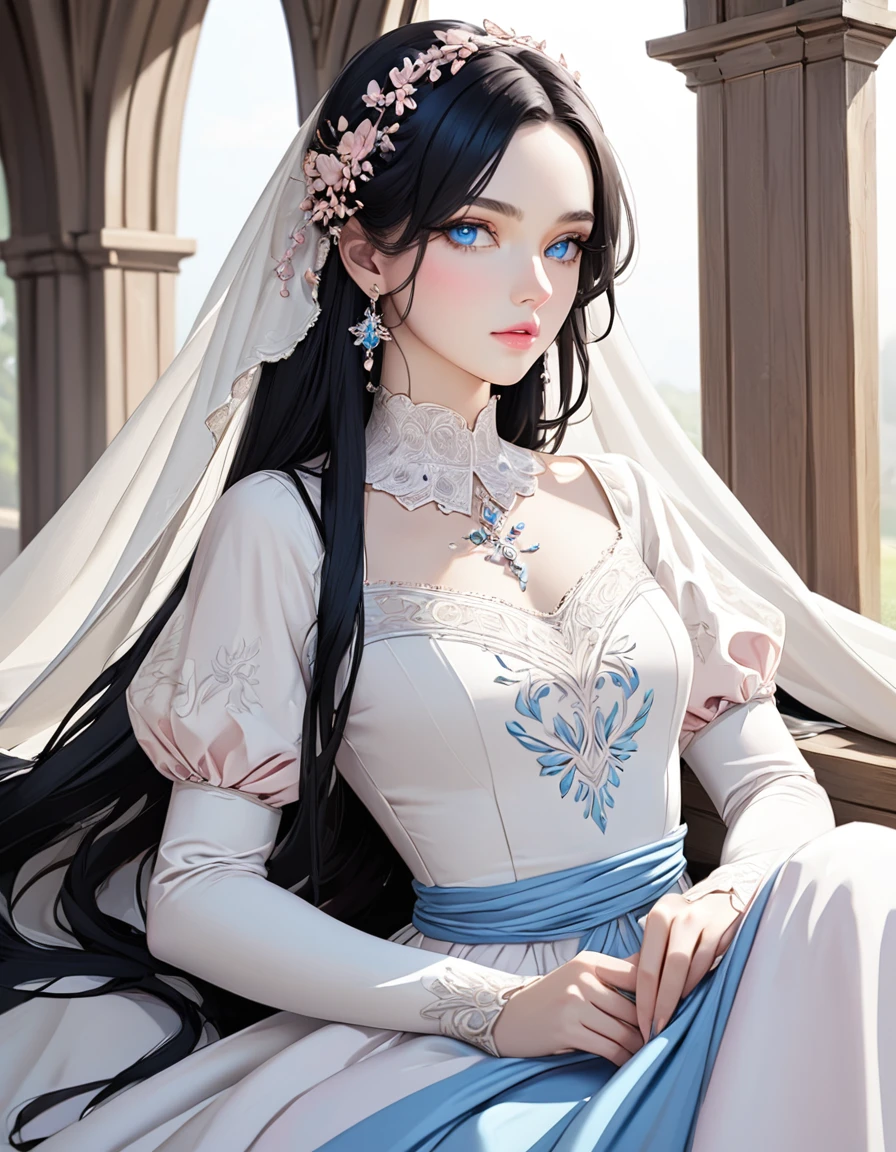 Beautiful woman with very long black hair, side-swept bangs, sparkling blue eyes, light pink lips, fair skin. Elegant but modest white renaissance dress.