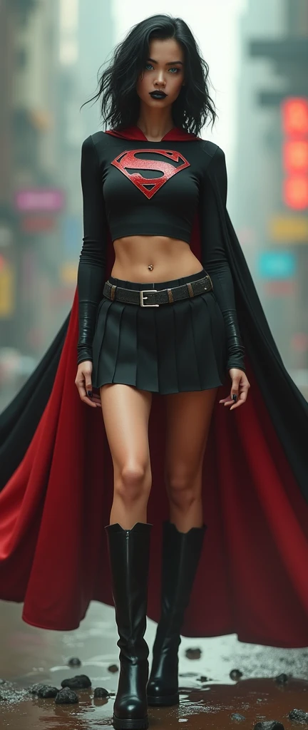 A FULL BODY VIEW OF A SEXY BUSTY TEEN FEMALE WITH DREAMY GREEN EYES AND MEDIUM MESSY BLACK HAIR WEARING A SLEEK BLACK SPANDEX LONG-SLEEVED SUPERGIRL CROP=TOP WITH A METALIC SILVER "S" EMBLEM ON THE CHEST, A SHORT BLACK PLEATED SKIRT WITH A SILVER LEATHER BELT, BLACK HIGH HEELED SUPERGIRL BOOTS, AND A LONG RED AND BLACK SUPERGIRL CAPE,. NOSE PIERCING, BELLY PIERCING, BLACK LIPSTICK, BLACK FINGERNAILS, INCREDIBLY DETAILED PALE WHITE SKIN, INCREDIBLEY DETAILED FACE, INCREDIDBLEY DETAILED CLOTHING, TEXTURED SKIN PORES, TEXTURED HAIR, 8K ABSURD RESOLUTION, MASTERPIECE. PHOTO REALSITIC, HYPER REALISTIC. CHAOTIC BACKGROUND. 16K RESOLUTION. PREFESSIONAL GRADE IMAGE.