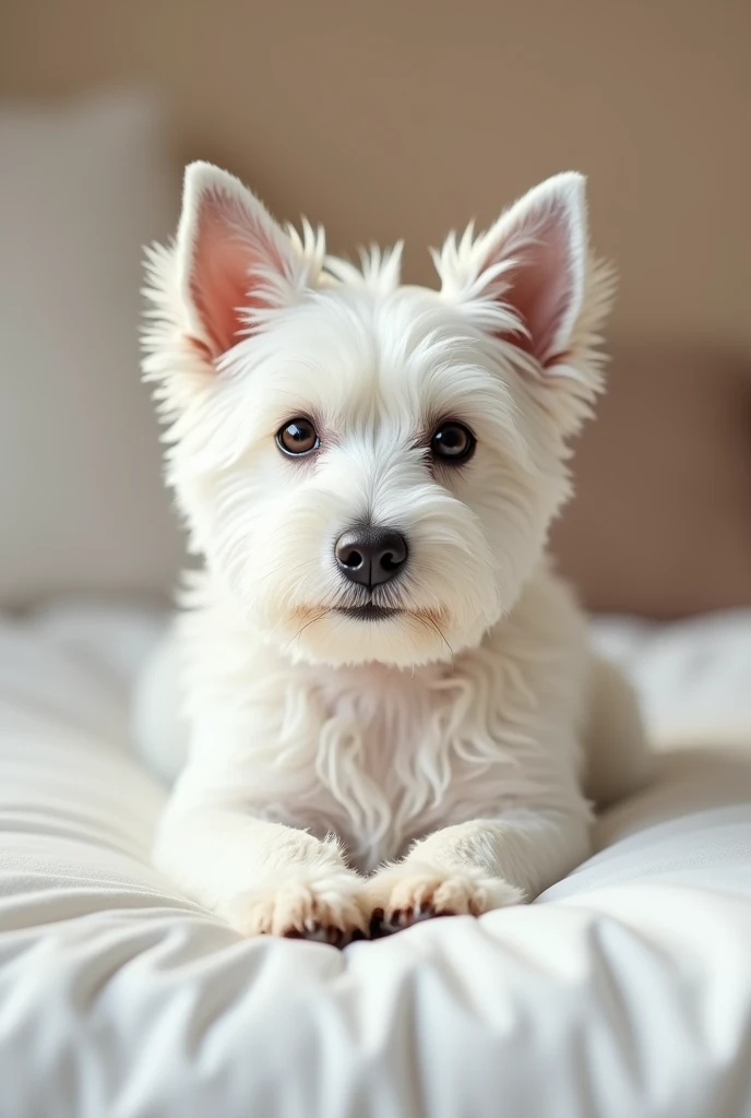 image where a white terrier (dog) He is lying on a bed with his front paws in front, que salga el dog completo, that serves as a model for a logo for a toilet paper brand

