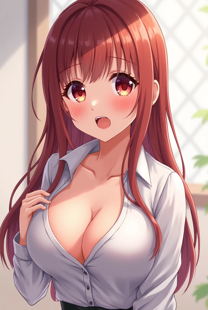 An anime girl with her blouse raised revealing her two beautiful breasts is blushing and moaning