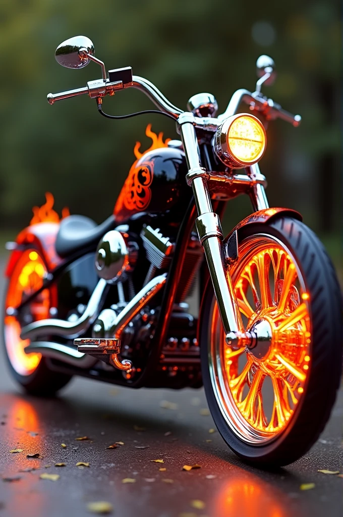 Chopper motorcycle with chrome flame rims