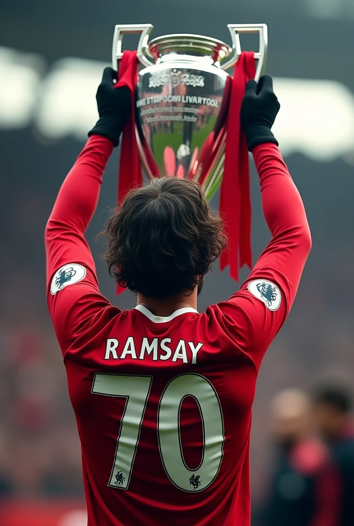 Liverpool player called Ramsay who wears number 70, long sleeves, black gloves and wavy hair lifting the premier league seen from behind