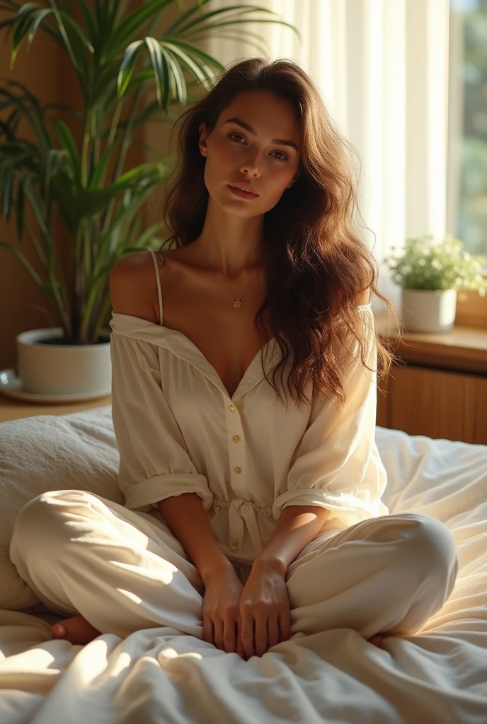 (photorealism:1.2), beautiful woman, sitting on bed, wearing loose off-shoulder top, pajama pants, long curly hair, indoors, soft lighting, plants in background, window with sunlight, cozy room, relaxed pose, realistic, intricate details, warm colors, by Greg Rutkowski, by Alphonse Mucha