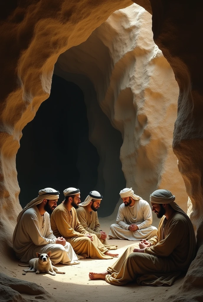 Create a classic-style painting depicting seven young Arab men and a dog inside a cave. The scene should feel serene yet mysterious, with the men dressed in traditional robes, sitting or lying in different postures as they appear to be in a deep, peaceful sleep. The cave is dimly lit, with soft natural light filtering through an opening, casting long shadows and highlighting the rocky textures. The dog is lying close to them, keeping watch with a calm yet vigilant expression. The background features intricate stone formations, with hints of ancient carvings on the cave walls, adding a historical and timeless feel to the scene."