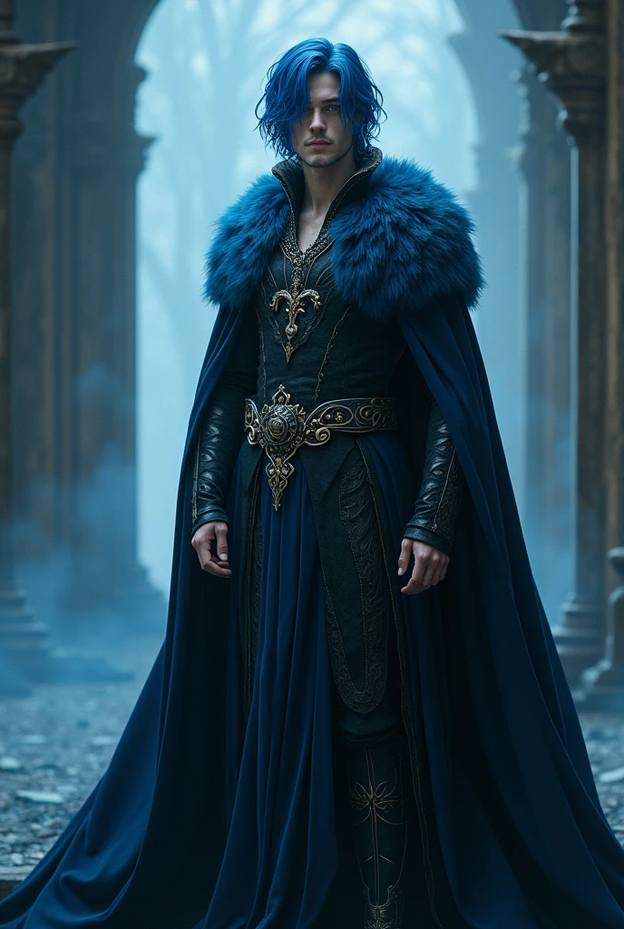 a young man in his twenties, he is from fantasy world, he is king of dark , he is tall and skinny but very athletic, he has middle leanght jet blue hair and deep blue eyes, he’s race is white, he is handsome, very beautiful, baby face, breathtaking beautiful he is real king amazing and brave, strong masculine