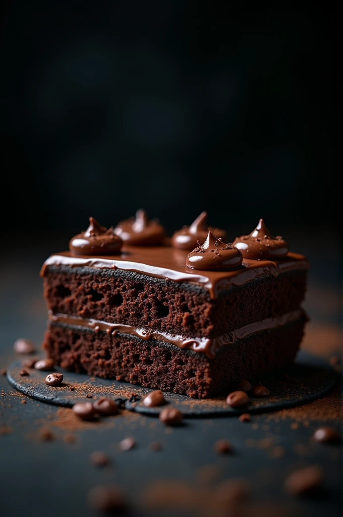 cinematic film still chocolate, chocolate cake, dark background, quality photo, moist texture, frosting, studio photo, slice . shallow depth of field, vignette, highly detailed, high budget, bokeh, cinemascope, moody, epic, gorgeous, film grain, grainy