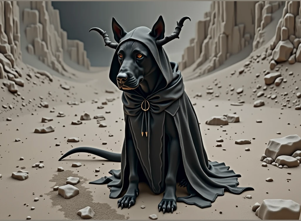 there is a black dog sitting on the ground with horns on it, with black horns instead of ears, black horns, black dog, horned, ultra realistic picture, wearing a hood with pointy ears, devil, a horned, with horns, portrait big dark dog, black ears, two pointed ears, with pointy ears, long pointy ears