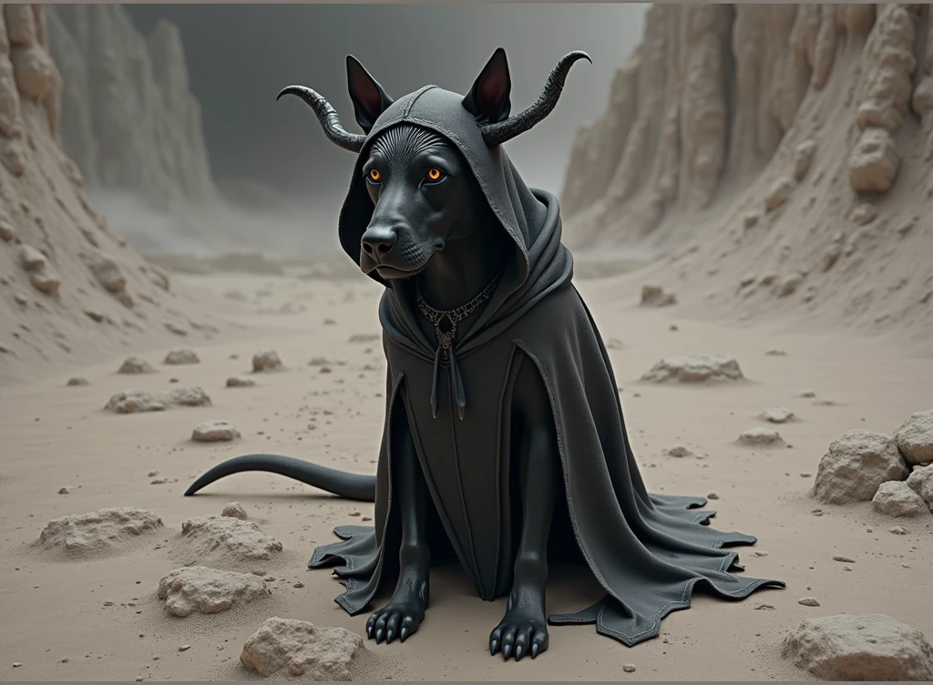 there is a black dog sitting on the ground with horns on it, with black horns instead of ears, black horns, black dog, horned, ultra realistic picture, wearing a hood with pointy ears, devil, a horned, with horns, portrait big dark dog, black ears, two pointed ears, with pointy ears, long pointy ears