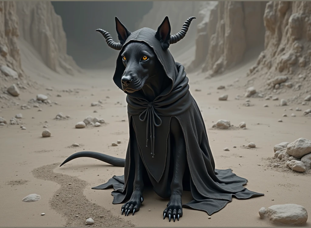 there is a black dog sitting on the ground with horns on it, with black horns instead of ears, black horns, black dog, horned, ultra realistic picture, wearing a hood with pointy ears, devil, a horned, with horns, portrait big dark dog, black ears, two pointed ears, with pointy ears, long pointy ears
