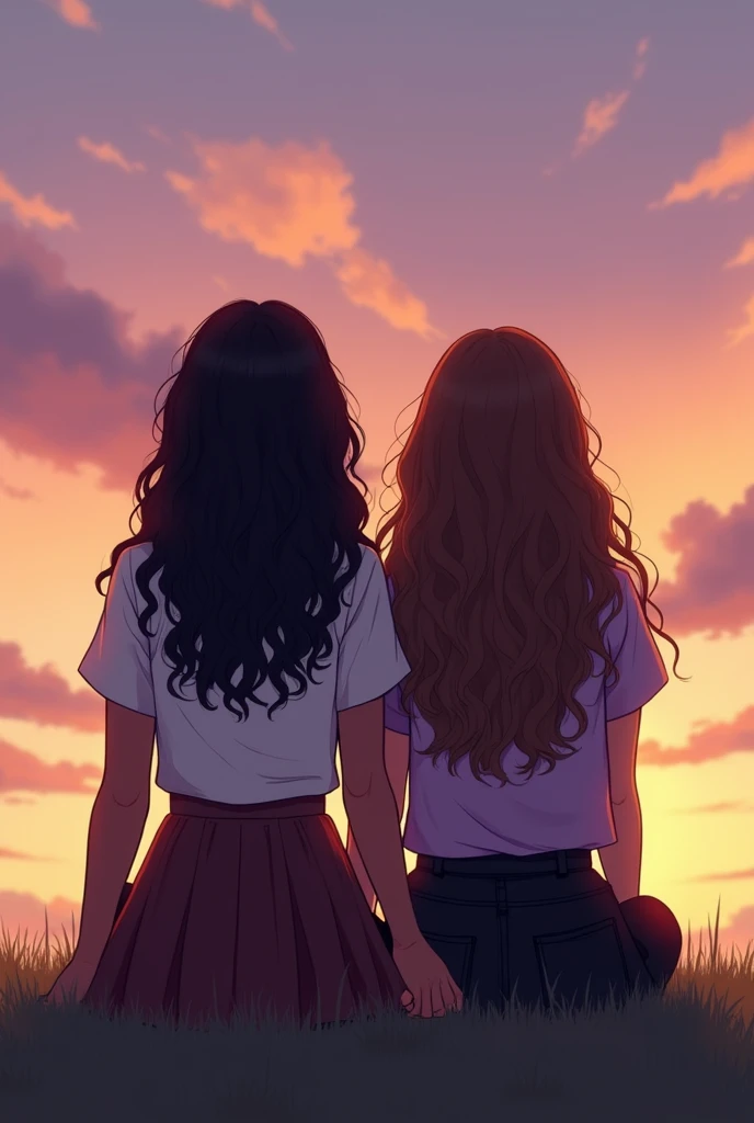 Two teenage girls back to back,not allowing us to see their faces, with their shoulders touching each other sitting on the grass, and hand in hand, and with your back to see the view of the sky at dusk, which was in gradient from pink to orange and yellow, with clouds that looked purple,one of the 2 girls is black and has long curly hair and was wearing a short dark brown flared skirt, with a white blouse while the other is white with very long brown hair, and a little curly and wore black pants with a short lilac blouse