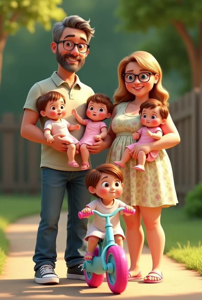 Image type dessin animé pixar d'une famille 3 enfants. Famille blanche : papa 35 ans yeux marrons, lunettes, cheveux poivre et sel, barbe châtain, un petit ventre, habillé en chino polo baskets. maman 35 ans, femme très rondouillette, cheveux châtain clair presque blonds, yeux bleus, lunettes, habillée en robe fleuri sandales. Une de sur son vélo bleu ciel avec des pneis roses, blonde aux yeux marrons. Et des fausses jumelles de 10 mois, une dans les bras de maman aux cheveux blonds châtain aux yeux bleus ressemblant plus à maman, l'autre dans les bras de papa, cheveux blonds hâtain aux yeux marrons avec une fossette à la joue gauche et ressemblant plus à papa.