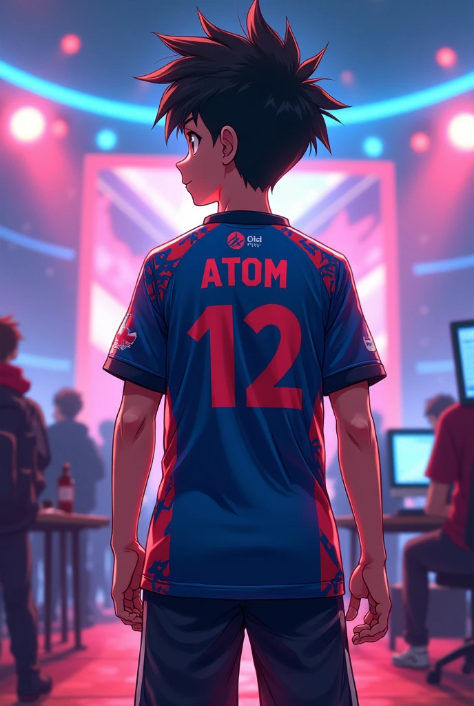 an anime esport player with Jersey number 12 and player name ATOM a boy back side