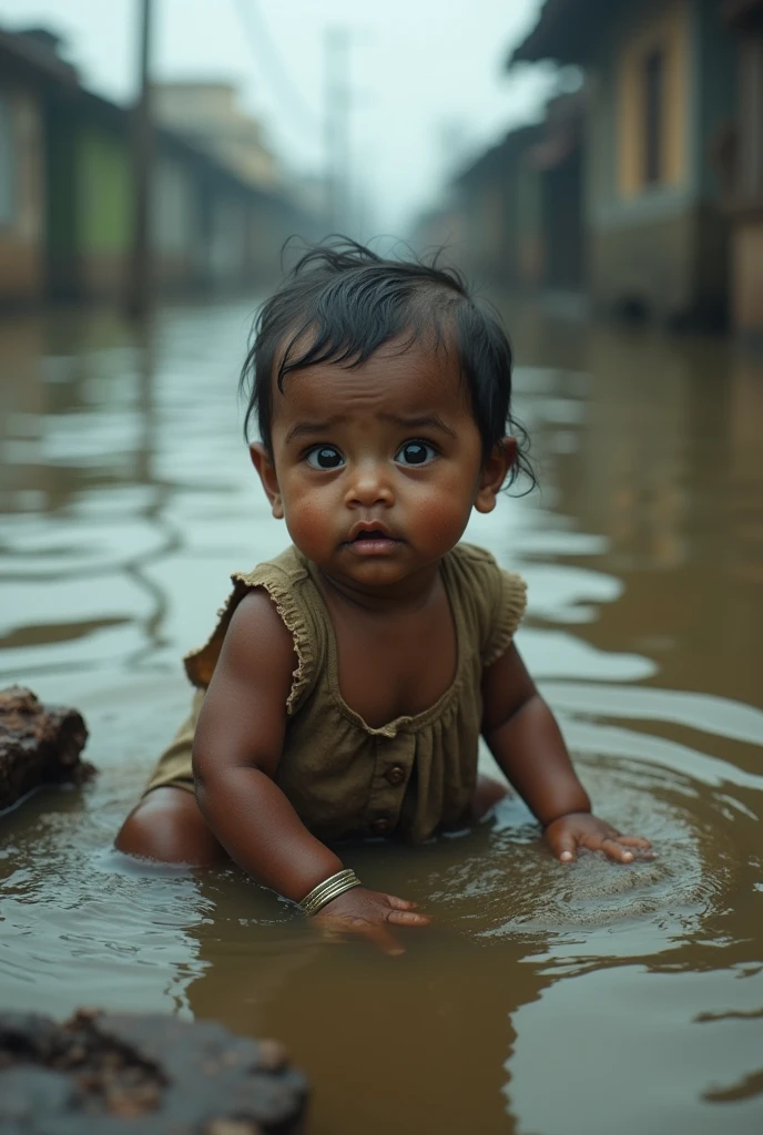 6 months south asian baby surviving on flood water half body sunk