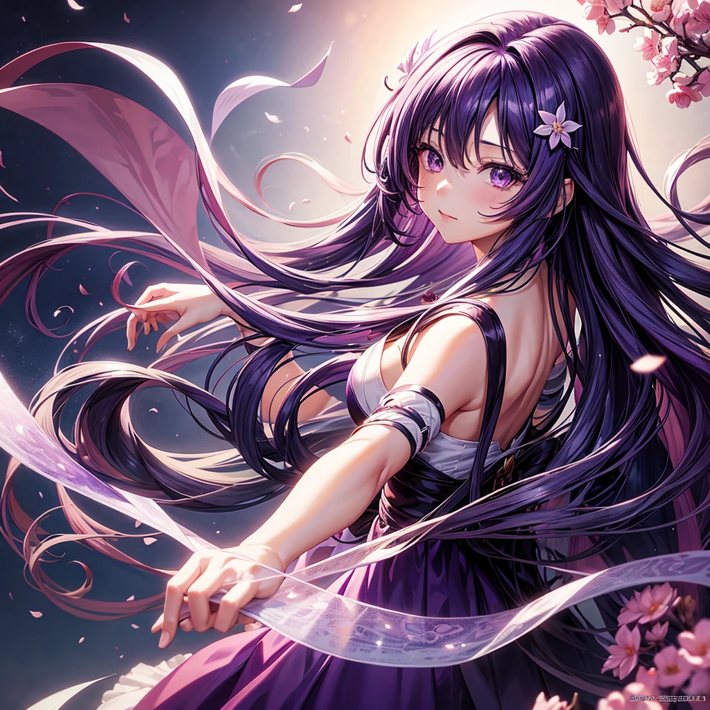 anime girl with long purple hair and a purple dress,There are flowers on the hair, Beautiful anime girl, a beautiful anime portrait, style of anime4 K, Anime art wallpaper 8 K, Anime art wallpaper 4k, Anime art wallpaper 4 K, Beautiful anime woman, Smooth anime CG art, Stunning anime face portrait, Anime wallpaper 4 k, Anime wallpaper 4K, Detailed digital anime art