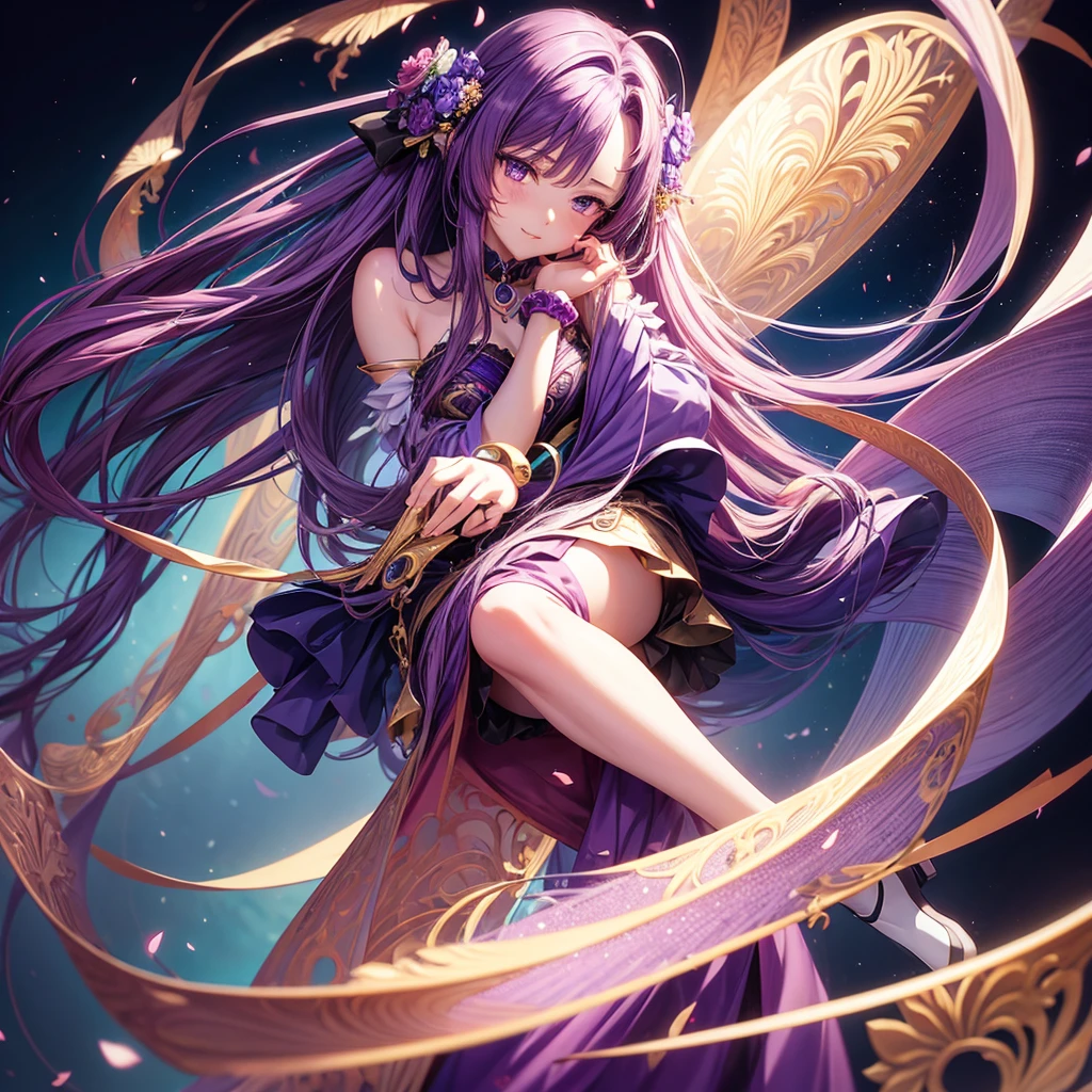 anime girl with long purple hair and a purple dress,There are flowers on the hair, Beautiful anime girl, a beautiful anime portrait, style of anime4 K, Anime art wallpaper 8 K, Anime art wallpaper 4k, Anime art wallpaper 4 K, Beautiful anime woman, Smooth anime CG art, Stunning anime face portrait, Anime wallpaper 4 k, Anime wallpaper 4K, Detailed digital anime art