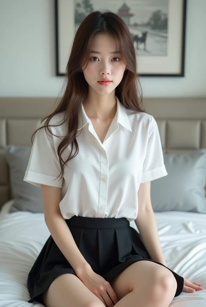 Thai cute girl age 18. 52 kilograms. White skin tone, The wet hair color is a beautiful shade of brown straight hair. Wearing thai student uniform , Wear a white school shirt with no buttons on the shirt, no bra, Wear a very short black skirt, Show off white thighs and posting, sitting in modern bed room, The light is bright enough. the most realistic picture.