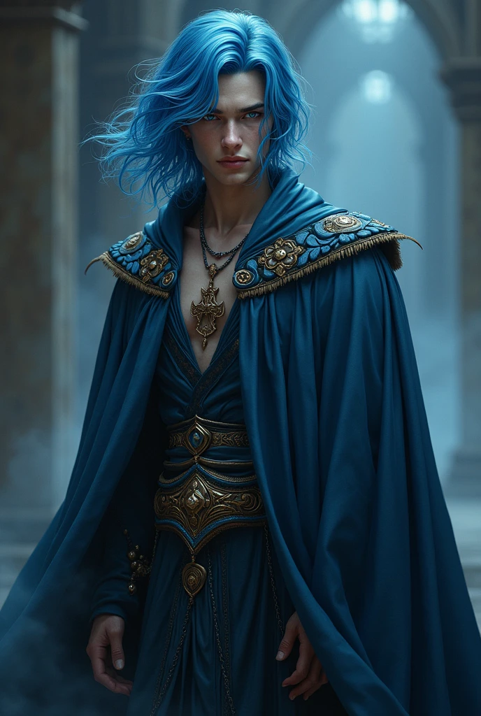 a young man in his twenties, he is from fantasy world, he is king of dark , he is tall and skinny but very athletic, he has middle leanght jet blue hair and deep blue eyes, he’s race is white, he is handsome, very beautiful, baby face, breathtaking beautiful he is real king amazing and brave, strong masculine