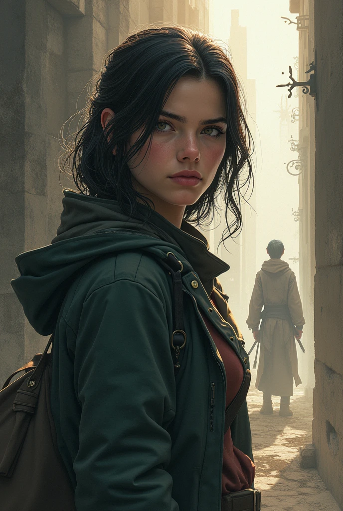 Marine's New Reality: Capture Conrad's vision of Marine's new reality after the maze. Marine can be shown standing, with an expression that mixes hope and determination, while shadows of the labyrinth appear abstractly in the background. Conrad may be by her side, reinforcing the idea that she is now in a new phase, about to face greater challenges.