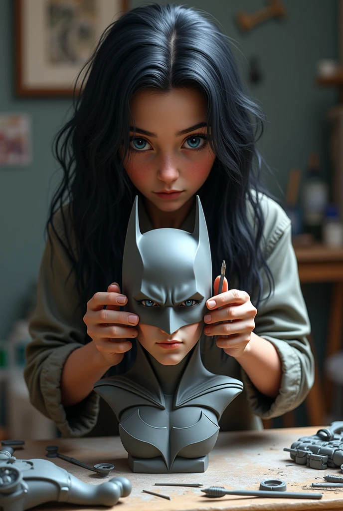 ((BOY WITH LONG BLACK HAIR,  blue colored eyes, SCULPTING A BATMAN BUST, WITH STAKES IN HAND, sculptor))
