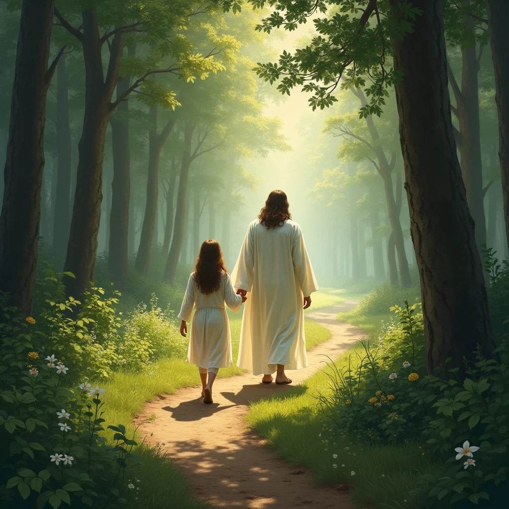 Visualize a person walking along a path through a lush, green forest. The path is bathed in soft sunlight filtering through the trees. Jesus walks beside them, His presence glowing with a gentle light, offering comfort and guidance in times of trouble.