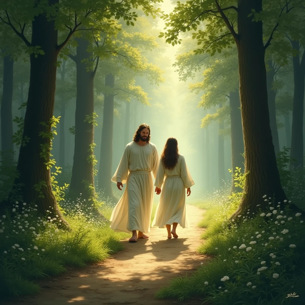 Visualize a person walking along a path through a lush, green forest. The path is bathed in soft sunlight filtering through the trees. Jesus walks beside them, His presence glowing with a gentle light, offering comfort and guidance in times of trouble.