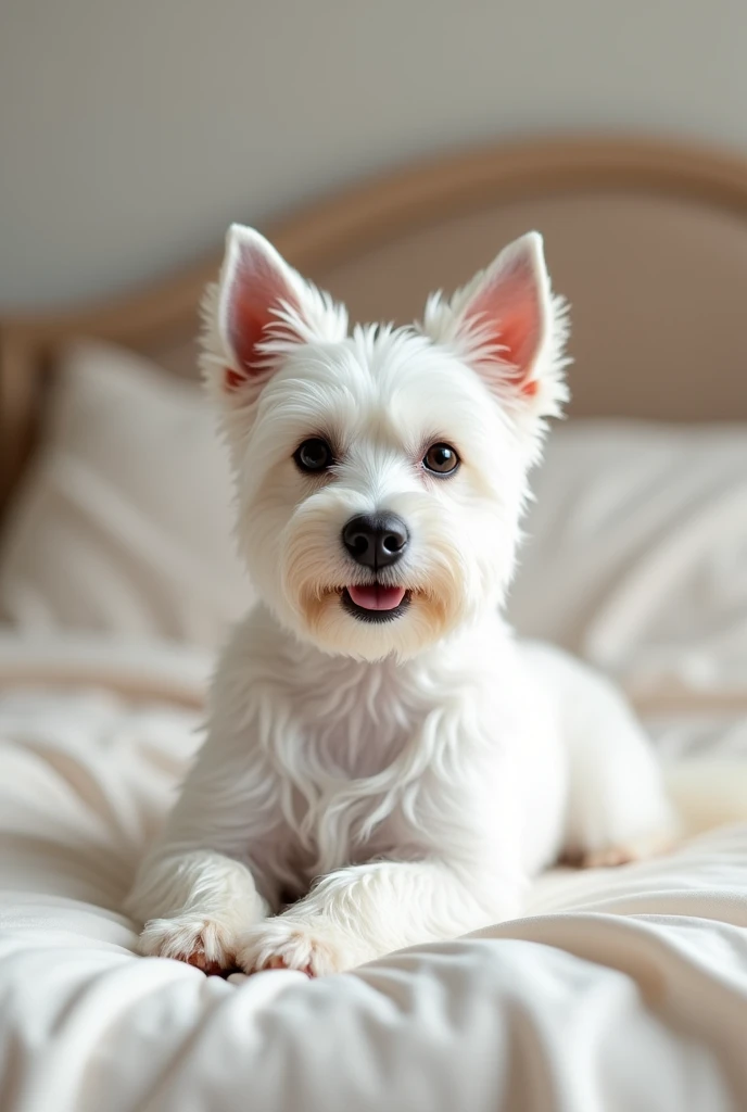 image where a white terrier (dog) He is lying on a bed with his front paws in front, que salga el dog completo, that serves as a model for a logo for a toilet paper brand