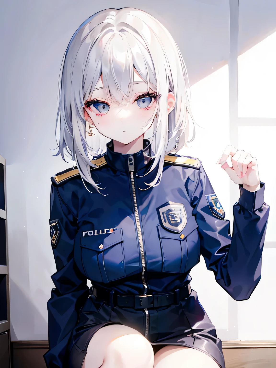 adult woman, White hair, shoulder-length hair, grey eyes, police uniform, cute face, Pretty appearance, kind look, Cozy atmosphere, kindness and positivity, elements of the elements in the background, plain background