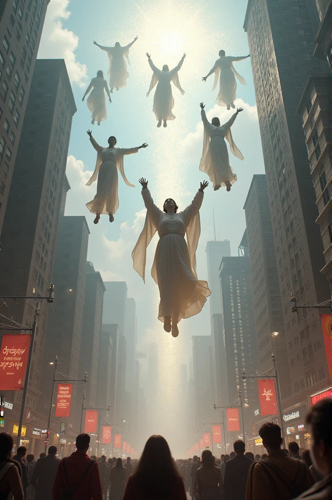 Creating evangelical people, Men and women flying into the sky from a city square