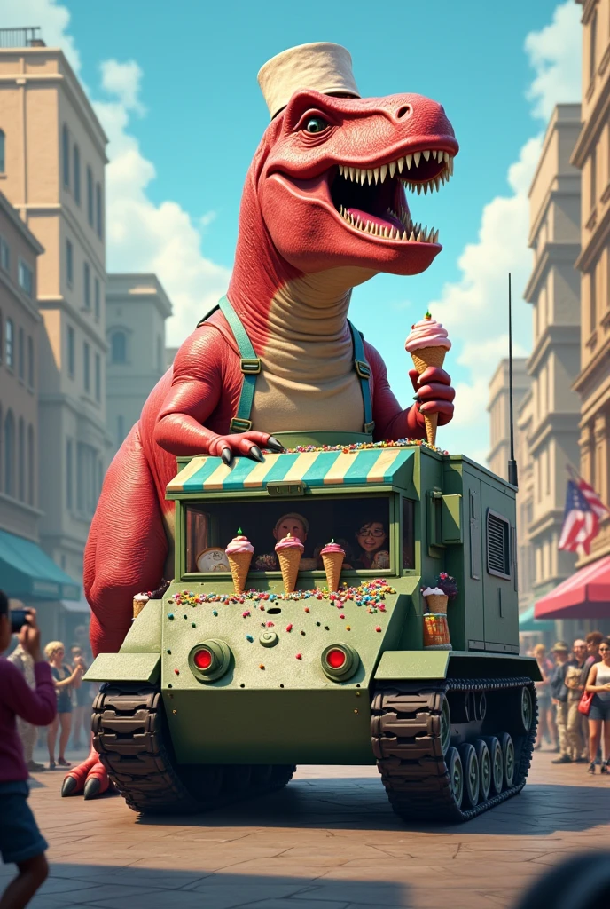 T rex in a tank selling ice cream