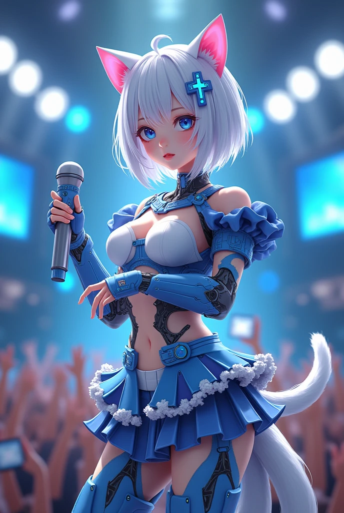A cute girl with White short hair wearing a Blue and white robot-like barrette, Cute cat ears growing on her head, The inside of the ears are slightly pink.A cross-shaped string tied around the front of the hair,A cute cat's tail grows.blue and white mechanical idol costume with frills, slightly larger machine-made breasts creating cleavage, exposed mechanical limbs, dynamic poses with a microphone in one hand, exciting the arena, a futuristic live stage background with monitors and cheering audience, Detailed mecha representation, high quality, (masterpiece, best quality, 4k, 8k:1.5), ultra-detailed, ultra-fine painting, dramatic lighting, physically-based rendering, vivid colors, professional photography