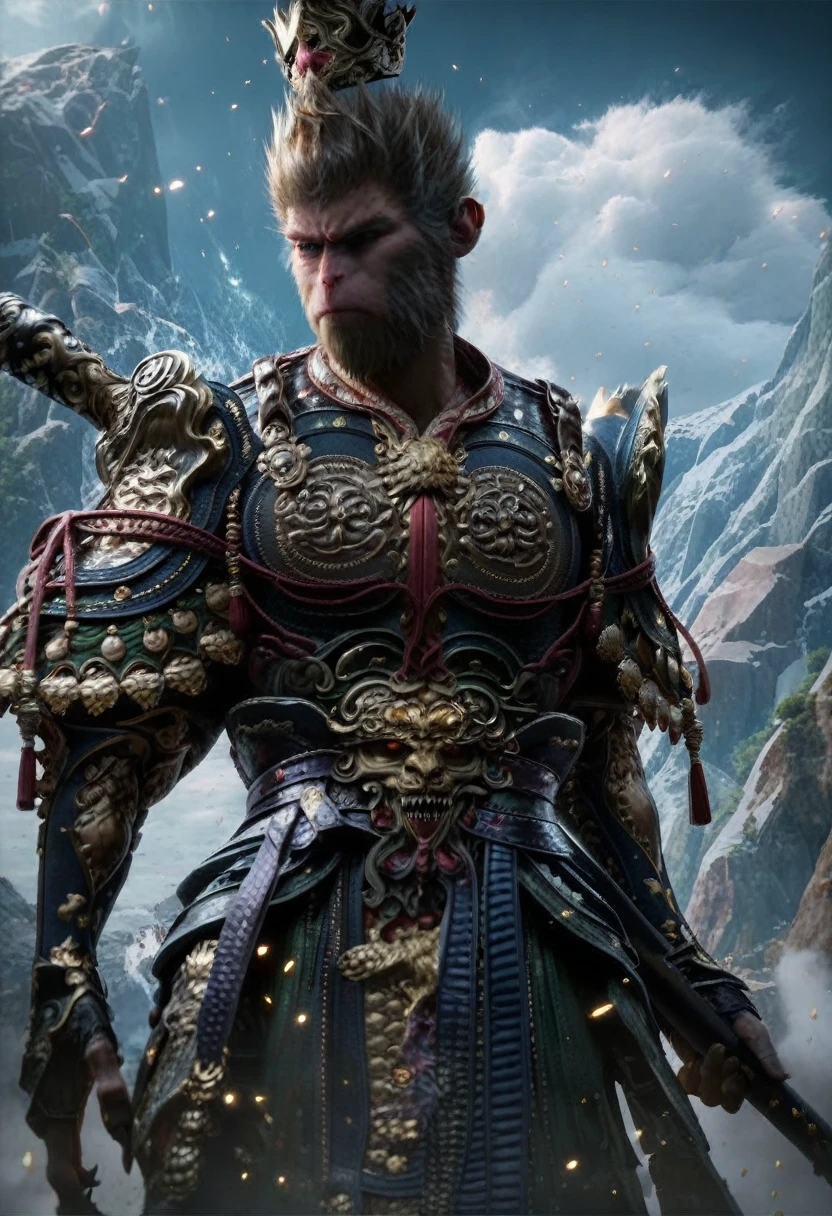 Positive prompts: score_9, score_8_up, score_7_up, score_6_up, BREAK realistic, 1man, battle stance, Angry, monkey king shiny armor, weapon, WU KONG, GOLDEN CUDGEL, HOLDING WEAPON, particles, divine energy emanating from his entire body, divine energy in the surroundings, depth of field, On top of a mountain