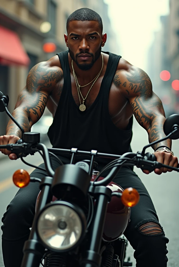 35 year old black man, com olhos castanhos, short hair almost shaved, strong and defined jaw. Muscular and tattooed body. Michael B inspired look. Jordan and Justin Bieber's style. Carrying a gun and riding a motorcycle