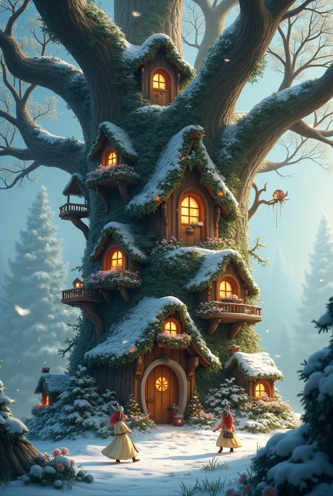 A town inside a tree with fairy lights,flower houses,snowy atmosphere, busy peoples doing chores