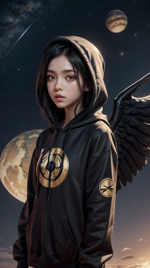 There is a woman with wings and a planet in the background, 3D rendering of a cute anime girl, de Trevor Brown, unknown zodiac sign, inspired by Illarion Pryanishnikov, black hair girl, black skin, with hoodie, dark skin full lips long hair trend in artstaion, qifenglin, poster, technological clothing, low angel