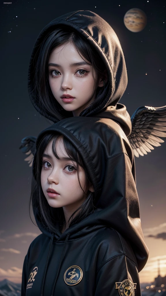 There is a woman with wings and a planet in the background, 3D rendering of a cute anime girl, de Trevor Brown, unknown zodiac sign, inspired by Illarion Pryanishnikov, black hair girl, black skin, with hoodie, dark skin full lips long hair trend in artstaion, qifenglin, poster, technological clothing, low angel