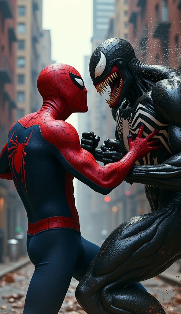 Spider-Man fights with every fiber of his being, trying to maintain control as the creature feeds his darkest doubts and fears. The villain, the venum simbiose, absorbs and amplifies Peter's inner chaos, turning him into a devastating force. In the midst of the confrontation, Peter realizes that in order to defeat this threat, he will have to face the truth he fears most: the darkness within him. Retro comic style artwork, perfect composition,hyperrealistic,super detailed,high quality,sharp focus,studio photo,intricate details,highly detailed
