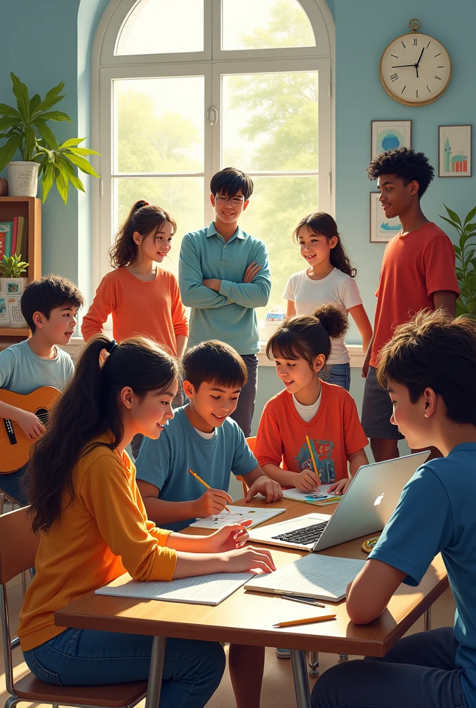 Use visuals of different individuals engaged in various skill-building activities, such as practicing a musical instrument, coding, painting, or playing sports. a group of young people sitting at a table in a classroom with a teacher in, beautiful painting of friends, painting illustration, inspiring digital painting, children painting, exciting illustration, commercial illustration, studying in a brightly lit room, art contest winner on behance, illustration for children, high quality digital painting, realistic illustrative painting, illustration painting, professional digital painting, cgsociety saturated colors, anime painter studio, concept illustration, editorial illustration colorful, hd illustration, colorful digital painting, color-key painting