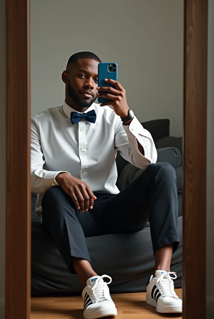 best qualityer:1.4), (ultra high resolution:1.2), (photorrealistic:1.4), (8k, CRU photo:1.2), a thin young man of 20 years old, skin black, with a smooth, beardless face, buzzcut haircut short on the sides and low on top, He is wearing a white dress shirt. He is wearing black dress pants. He is wearing white Adidas sneakers. He is wearing a navy blue bow tie. He is sitting on a chair in front of the mirror. Taking the photo with an iPhone with a blue case.