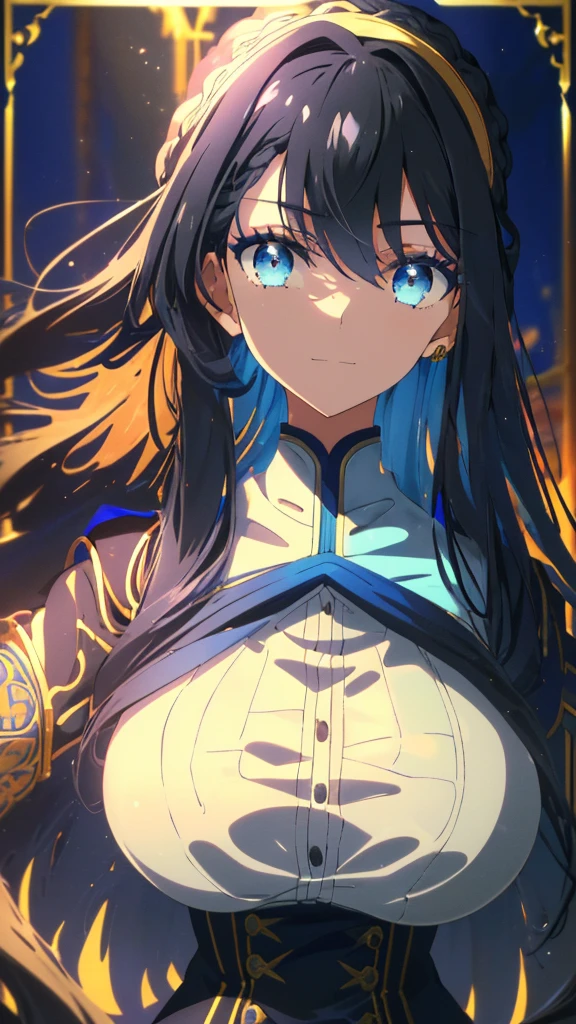 best quality, extremely detailed,anime style 1girl,long hair down to the waist, straight hair, ((((dark black hair with bluish)))),((crown braid)),beautiful detailed eyes, pinched eyes, (((dark blue eyes))),((huge breasts)),curvy,((((school uniform of the Brave)))),Fine decoration,clothing with complex patterns,((((private room)))),((Detailed background)),((Comfortable posture)),((((light smile)))),