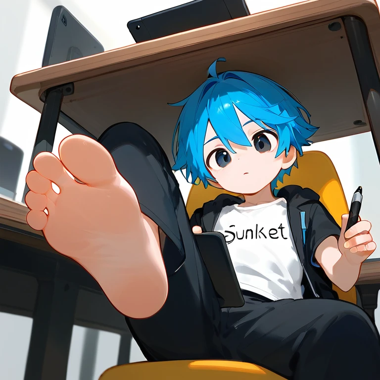 A cute boy sitting on a swivel chair,alone,Low Angle,Hold the tablet,Holding a pen,black eyes,barefoot,Blue Hair,Blue unicorn,black eyes,White T-shirt,Black jacket,Black pants,Perfect feet,A big foot,suns,suns出汗,Lift one foot,Stand on one foot,(youth),boy behind the table,Under table angle