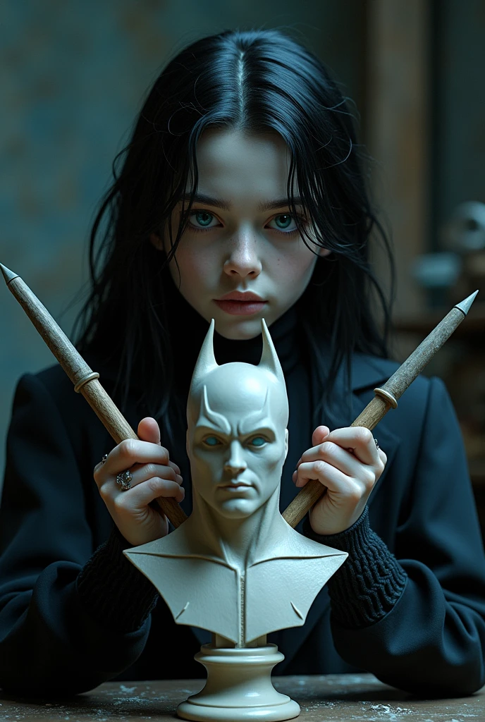 ((VICTORIAN GOTHIC BOY,  LONG BLACK HAIR,  blue colored eyes, SCULPTING A BATMAN BUST, WITH STAKES IN HAND, sculptor))