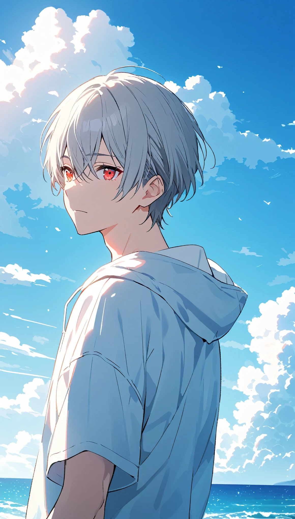 good looking, alone, 1 male, Gray Hair, Red eyes, shirt, Black and white hooded, noon, White Light,cute目,Short hairstyle,cute,Falling from the sky,綺麗なsummerの空,Lots of white clouds,summer,Ocean,Glittering scenery,bright,Blue sky,looking at the camera