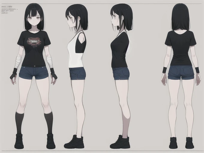 best quality, (masterpiece:1.2), illustration, absurdres,
(1girl, solo), (beautiful detailed girl), full body shot, (turnaround:1.4), multiple views, front view, side view, back view,
(Girl with pale skin and medium-length black hair. The eyes are white. in a black tee shirt. navy blue shorts. (from elbow to wrist) Blade cuts and self-mutilation remain under the bandages. She suffers from self-harm. She is short in stature, 156 cm. Weight 56 kg.)39