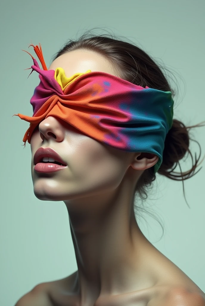 A person with a colorful blindfold on, the bandage is breaking