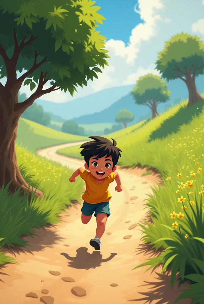 A boy running on tha road