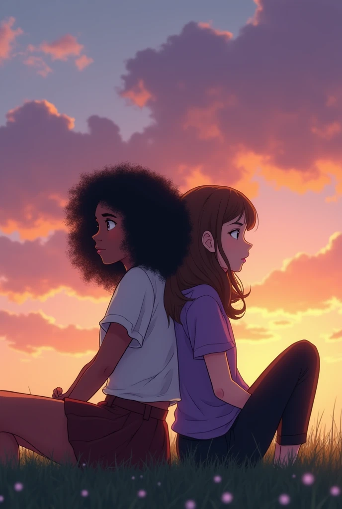 Two teenage girls back to back,not allowing us to see their faces, with their shoulders touching each other sitting on the grass, and holding hands behind the body, and one of them having her head lying on the other&#39;s shoulder,and with your back to see the view of the sky at dusk, which was in gradient from pink to orange and yellow, with clouds that looked purple,one of the 2 girls is black and has full curly hair, who wore a short, dark brown, flared skirt, with a white blouse while the other is white with very long brown hair, and a little curly and wore black pants with a short lilac blouse 