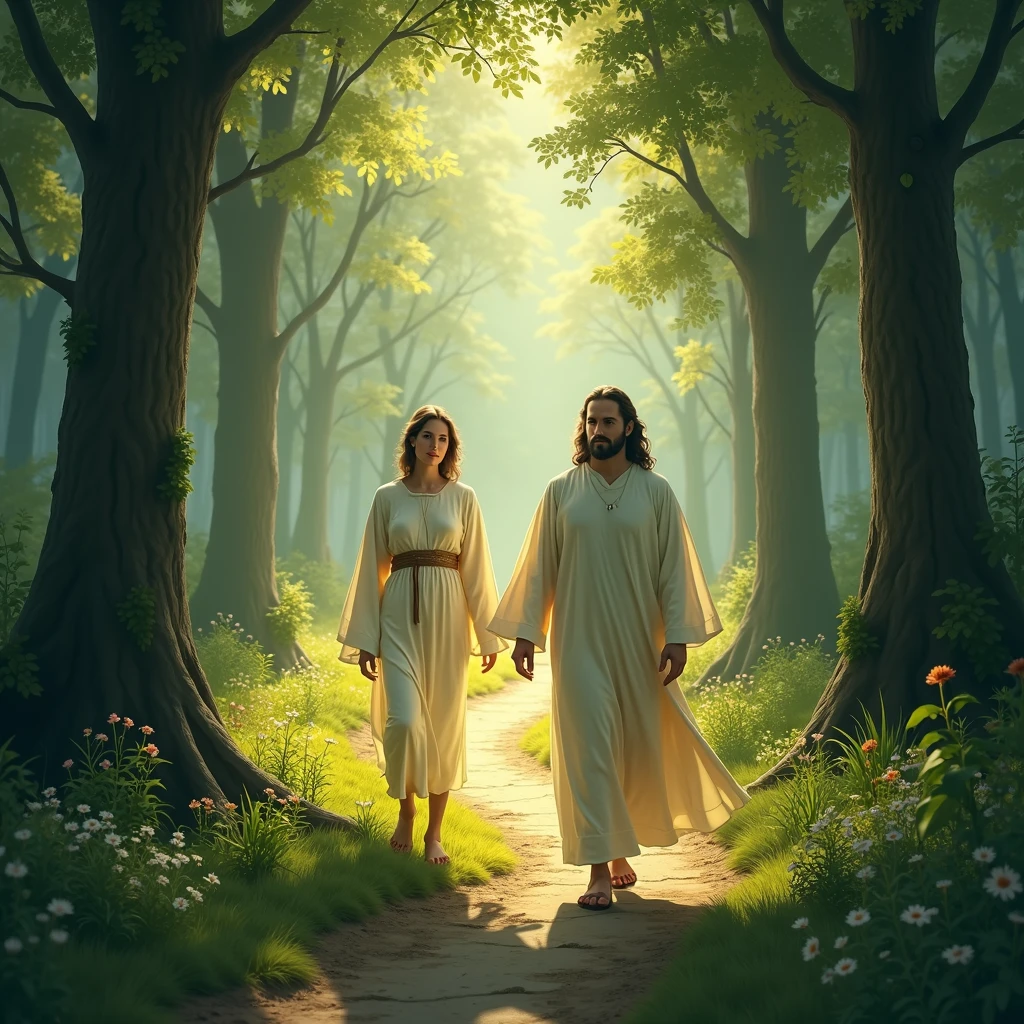 Visualize a person walking along a path through a lush, green forest. The path is bathed in soft sunlight filtering through the trees. Jesus walks beside them, His presence glowing with a gentle light, offering comfort and guidance in times of trouble.