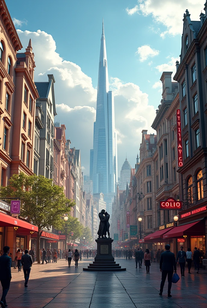 Modern big city, full of beautiful theaters in different styles, some Victorian, some high tech. Chic brand stores line the streets and a beautiful square with a statue of two actors kissing. Beautiful landscape.