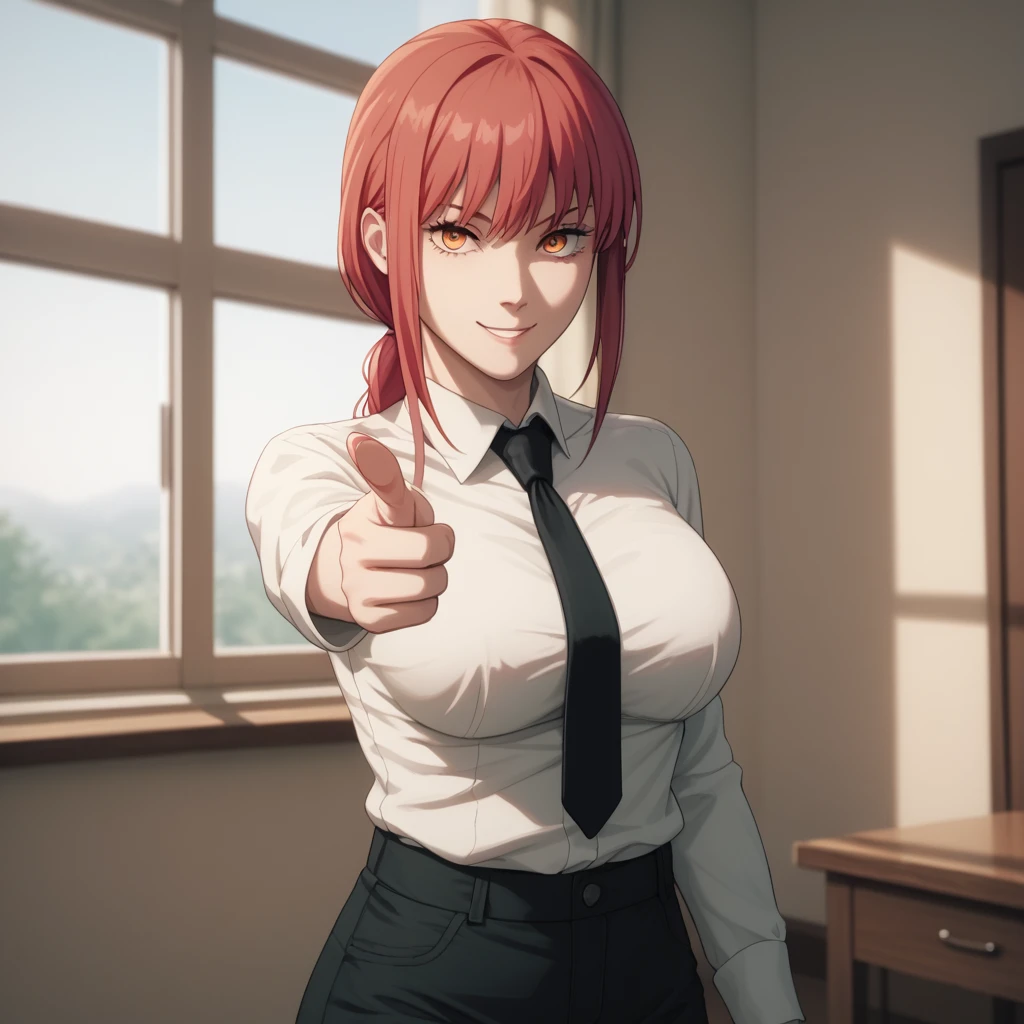 (masterpiece), best quality, high quality, 1girl, mak1ma0, solo, red hair, long hair, ringed eyes, smile, white collared shirt, black necktie, breasts, big breasts, big boobs, black pants, thighs, thick thighs, standing, finger gun, pointing at viewer